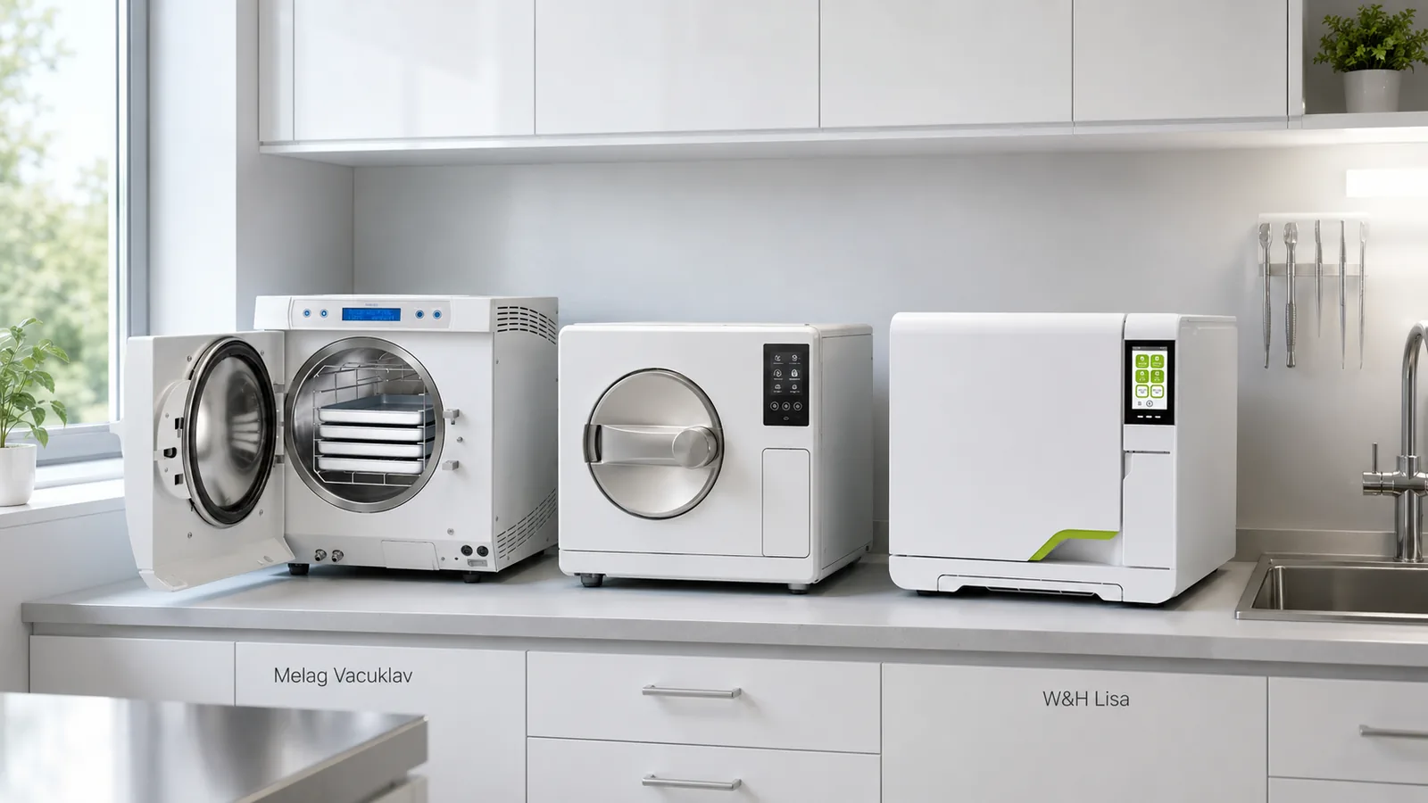 Trois autoclaves de classe B dans la salle de stérilisation d'un cabinet dentaire moderne