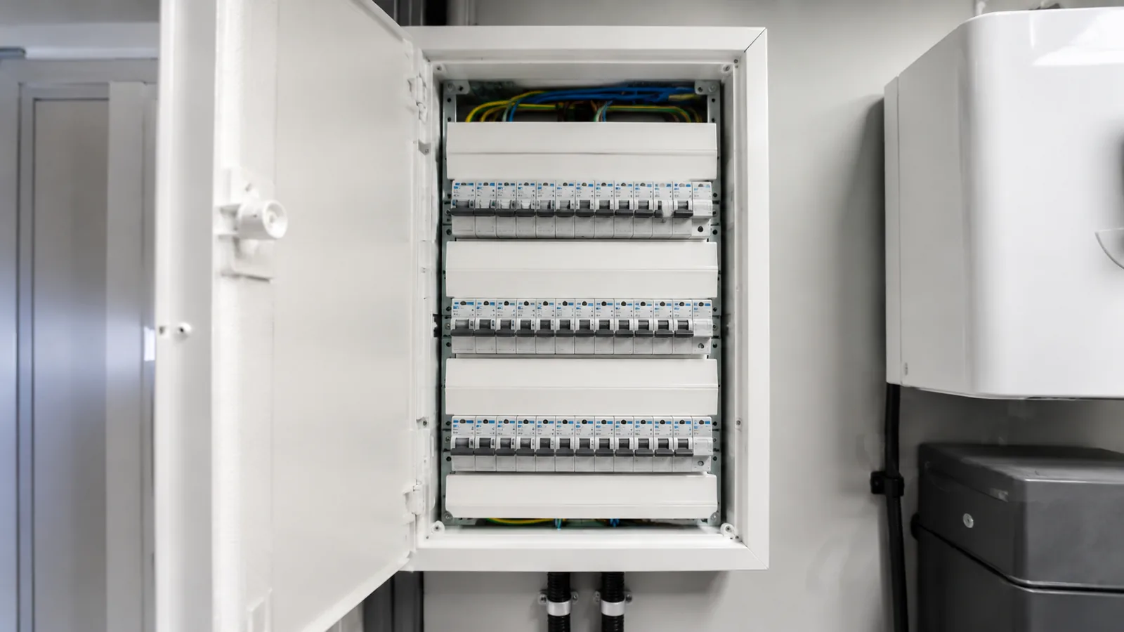 Tableau électrique aux normes dans le local technique d'un cabinet dentaire moderne