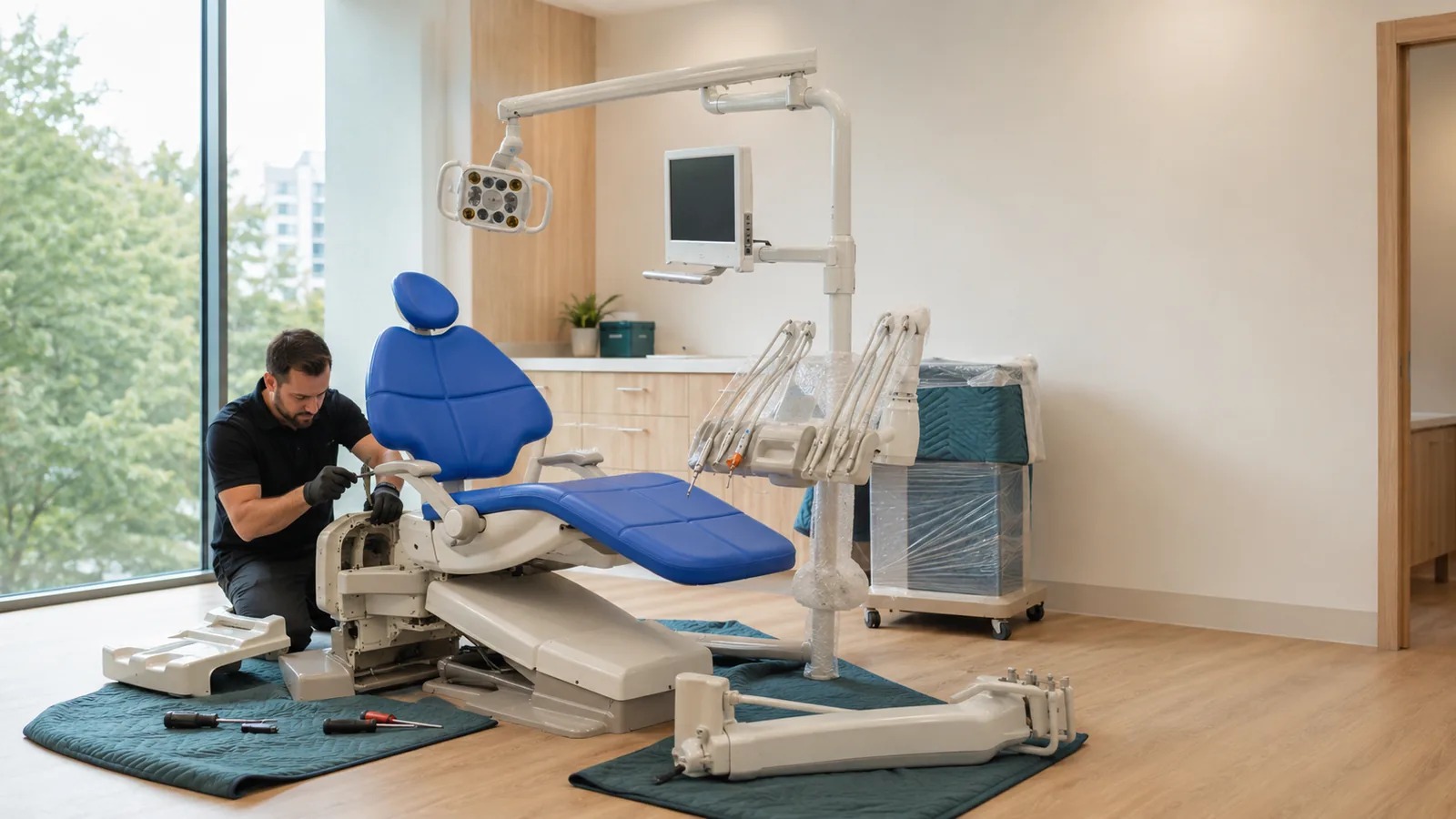 Technicien démontant un fauteuil dentaire pour un déménagement de cabinet