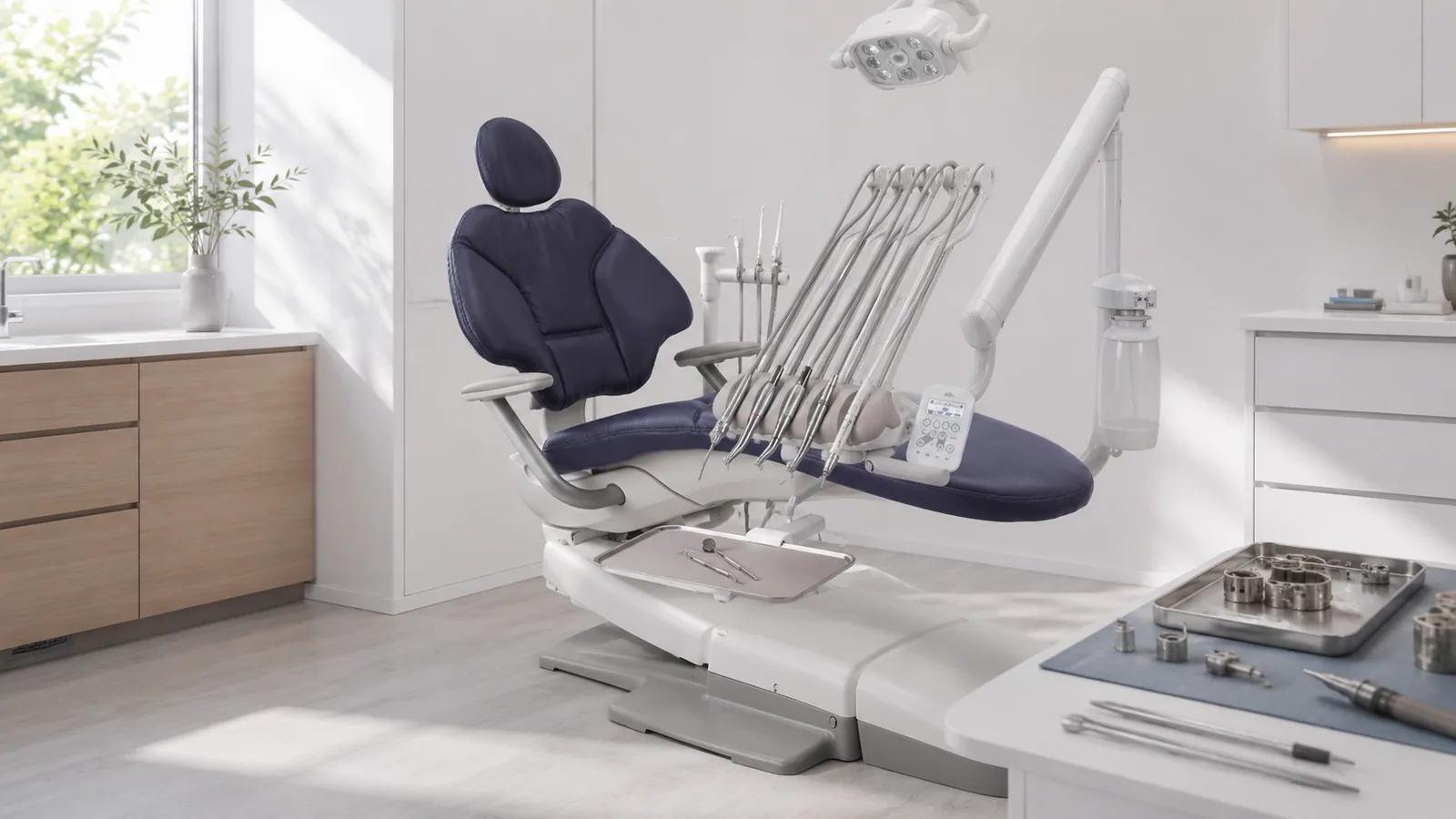 Technicien réalisant la maintenance d'un fauteuil dentaire dans un cabinet moderne et lumineux