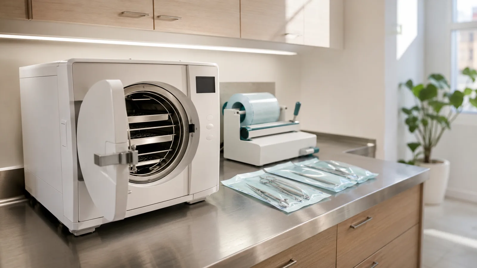 Zone de stérilisation d'un cabinet dentaire avec autoclave et instruments ensachés