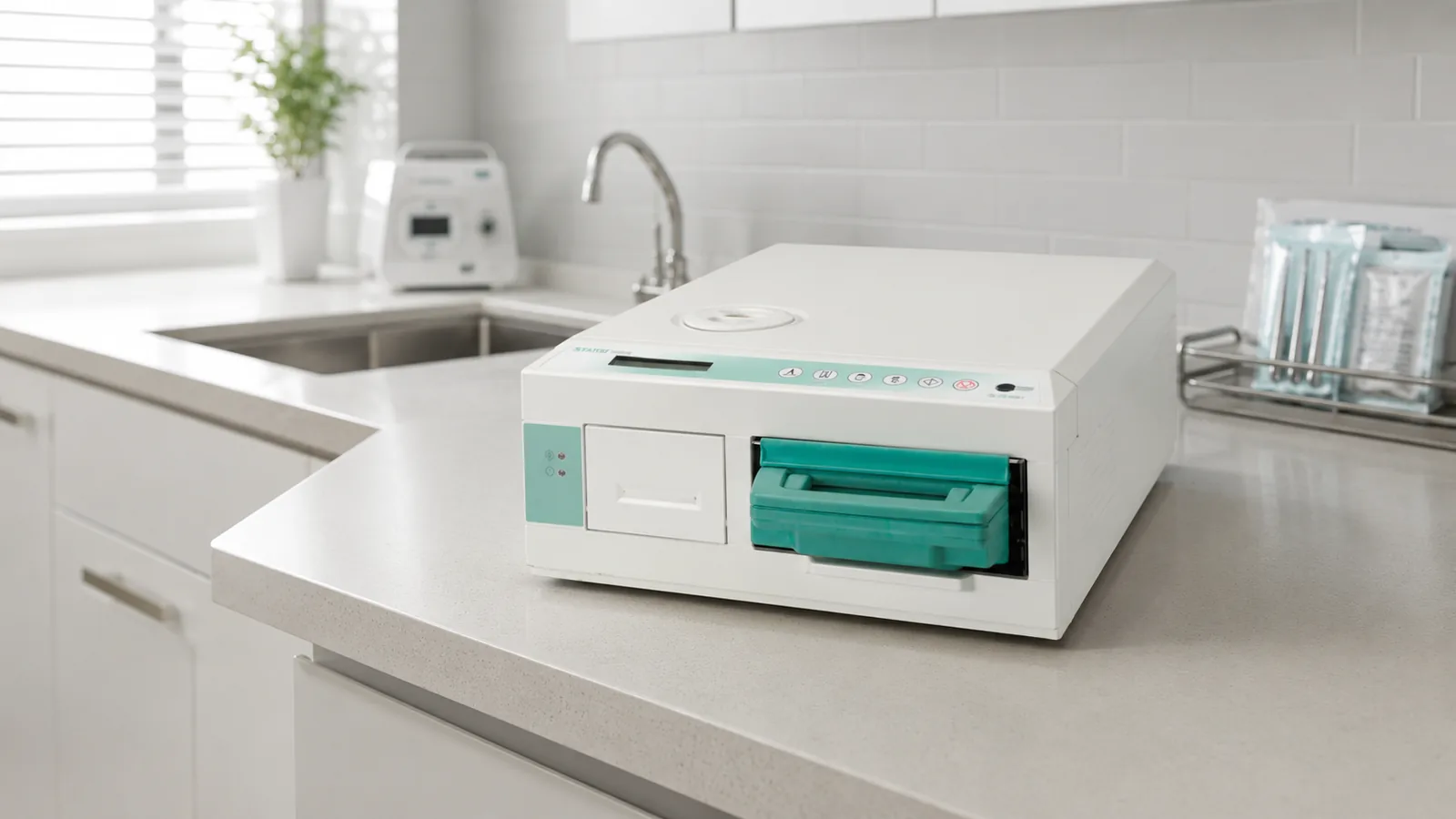 Autoclave flash à cassette Scican Statim dans un cabinet dentaire moderne et lumineux