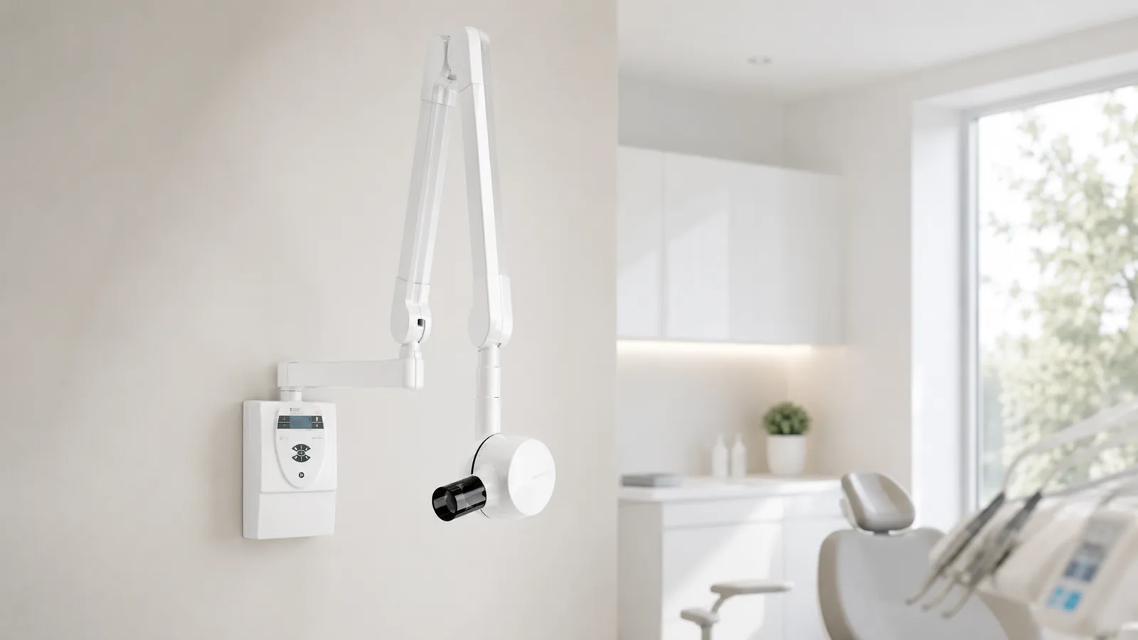 Générateur de radio rétroalvéolaire Sirona Heliodent Plus monté au mur dans un cabinet dentaire moderne et lumineux