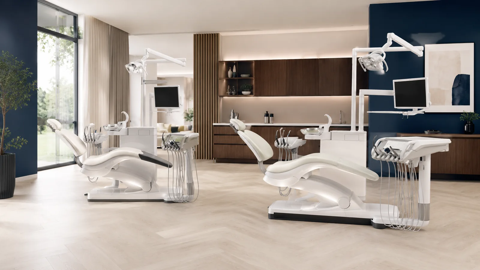 Deux fauteuils dentaires premium dans un cabinet, comparatif Sirona et KaVo