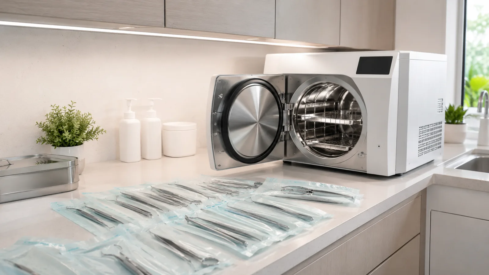 Zone de stérilisation d'un cabinet dentaire moderne avec autoclave et instruments ensachés